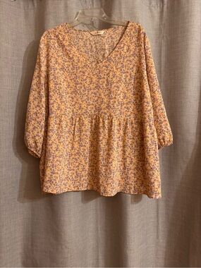 Floral V-Neck Babydoll Blouse - Yellow/Purple